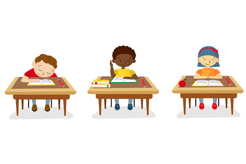 وکتور EPS دانش آموزان نشسته روی نیمکت کلاس در مدرسه در حال امتحان دادن